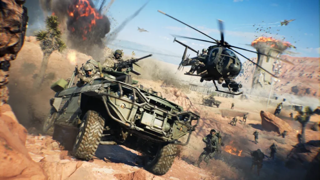 Battlefield 6 soldiers in an armoured vehicle and helicopter during a desert battle