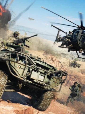 Battlefield 6 soldiers in an armoured vehicle and helicopter during a desert battle
