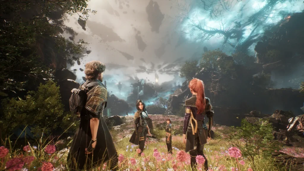 The Expedition 33 party looking out over a ruined landscape in Clair Obscur: Expedition 33