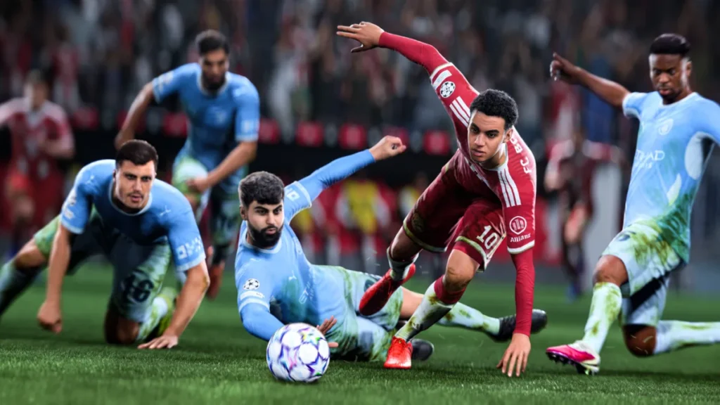 Players scramble for a loose ball in the box in EA SPORTS FC 27