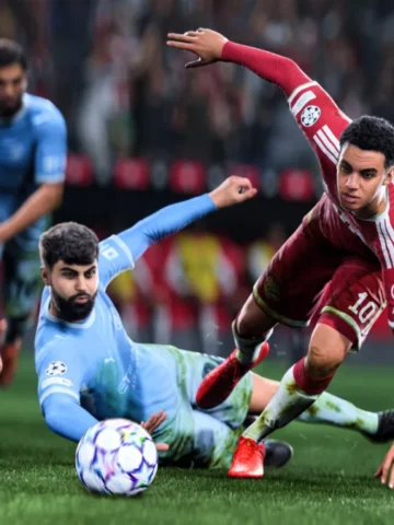 Players scramble for a loose ball in the box in EA SPORTS FC 27