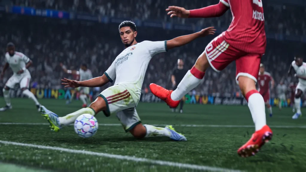 A player strikes the ball across goal in EA SPORTS FC 27
