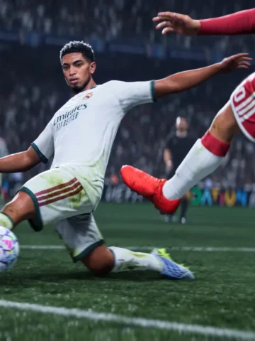 A player strikes the ball across goal in EA SPORTS FC 27