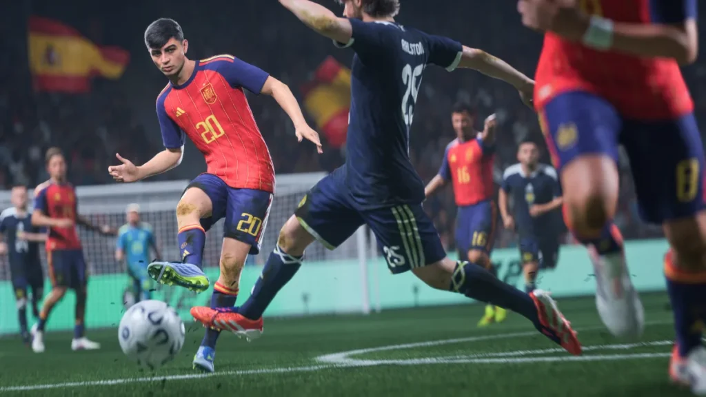 A Spain attacker drives at defenders in EA SPORTS FC 27