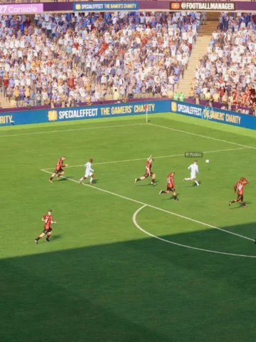 Match-day view of a packed stadium in Football Manager 27