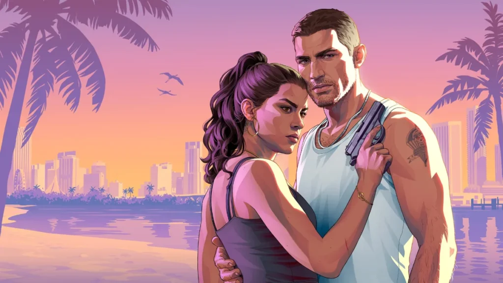 Jason and Lucia on a Vice City beach in official Grand Theft Auto VI artwork