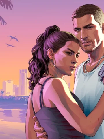 Jason and Lucia on a Vice City beach in official Grand Theft Auto VI artwork