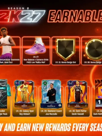 NBA 2K27 Season 2 earnable rewards track, which includes the Young Kobe GOAT Build at Level 37