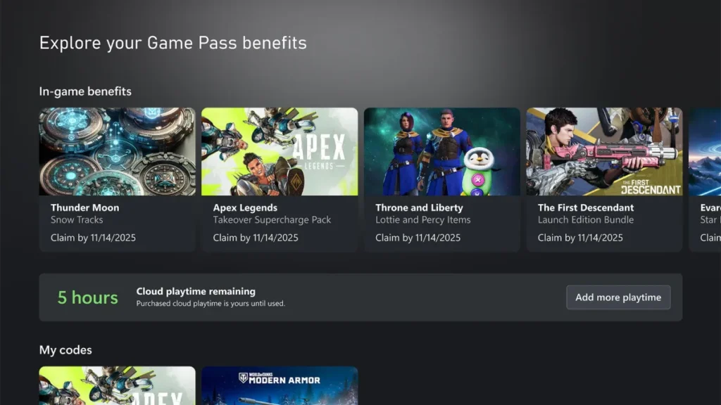 Xbox Game Pass benefits screen showing cloud playtime remaining and an option to add more playtime